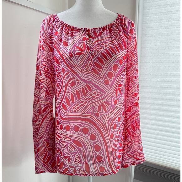 Trina Turk Pink Purple Small Silk Blend Resortwear Flowy Blouse Boho Coastal - Picture 1 of 7